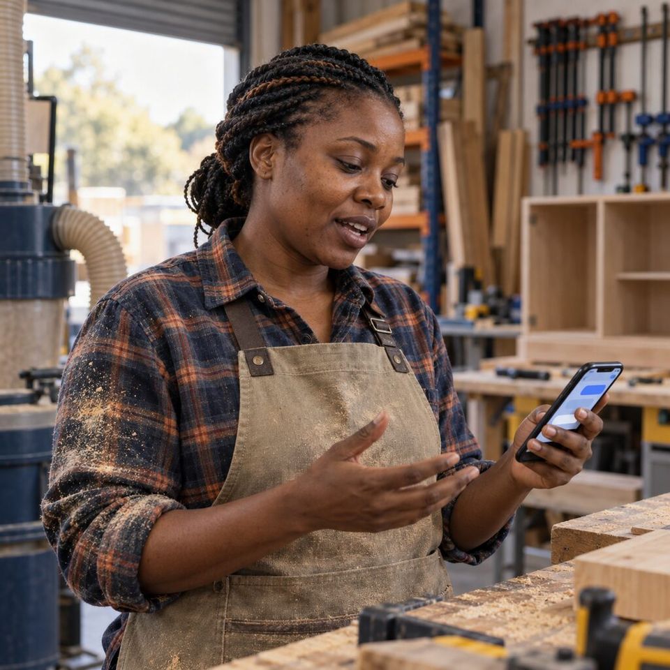 Illustrative photo: the owner of a small joinery workshop asks the Workplace Safety Manager for help from their phone.