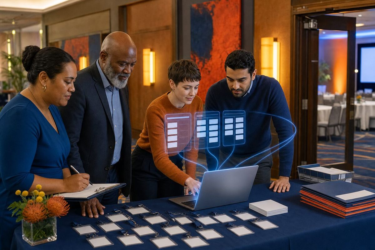 Illustrative photo: the Workshop Agent at work for the trainer and her helpers getting ready for workshop day, laying out results as blue panels above a laptop.