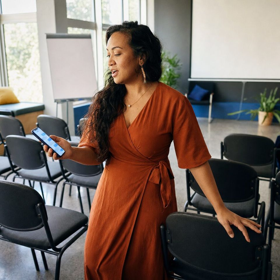 Illustrative photo: an independent leadership trainer who runs public workshops asks the Workshop Agent for help from their phone.