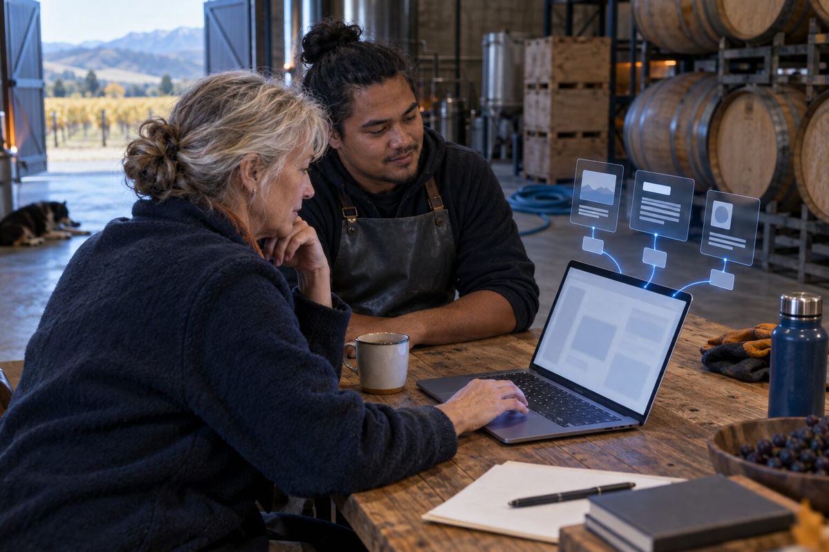 Illustrative photo: the Xero Expert at work for the owner and cellar hand of a small family vineyard, laying out results as blue panels above a laptop.
