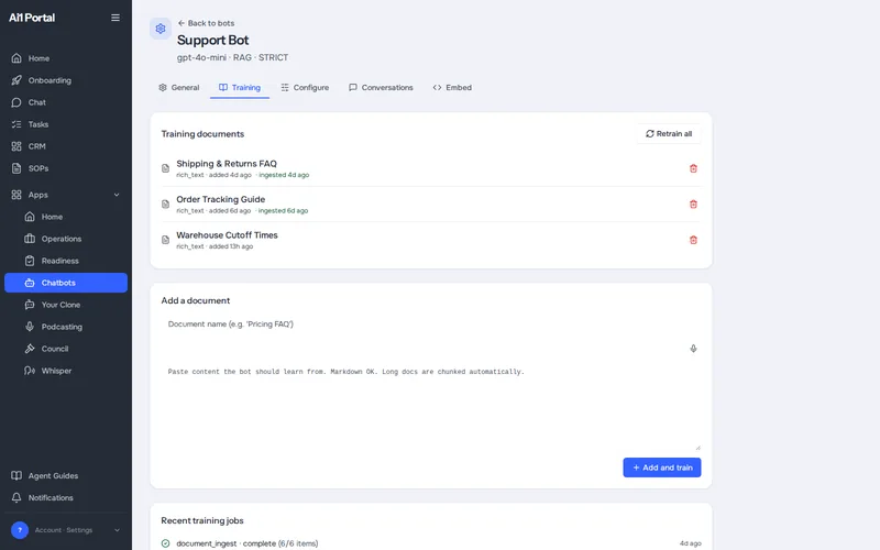 Training tab of a demo support bot, listing the documents it learns from and a box to add a new one (demo data)