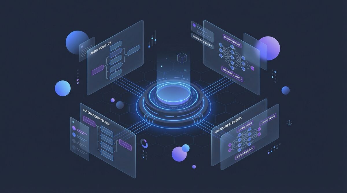 Digital illustration of AI agent workflow hub with holographic screens showing automation pipelines