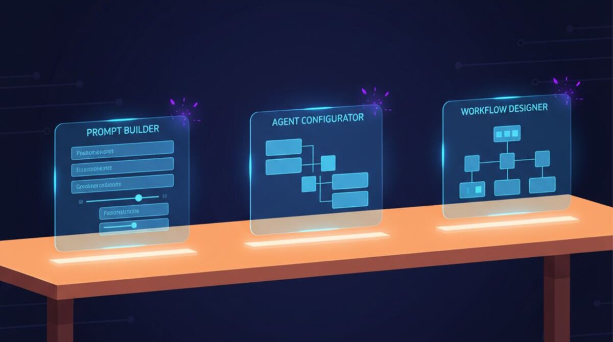 Digital illustration of an interactive AI tools training workbench with prompt builders and workflow designers