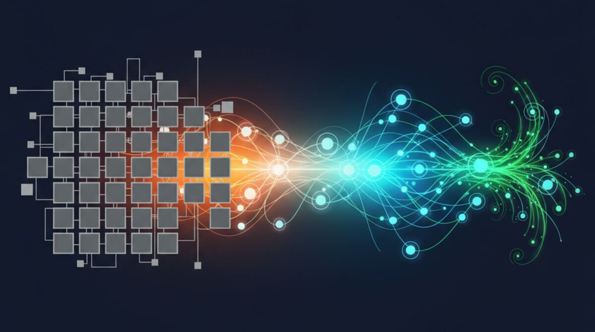 Digital illustration of organizational culture transformation from rigid grey squares to dynamic glowing circles