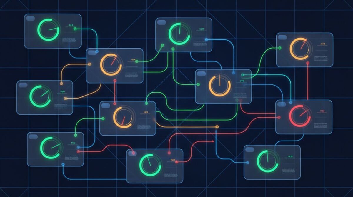 Digital illustration of customer health scoring wall with circular gauges at different levels from green to amber to red