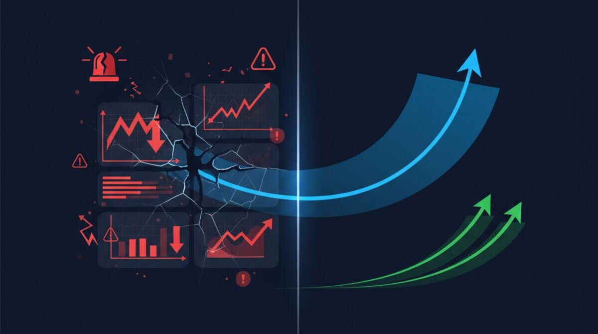 Digital illustration of proactive versus reactive financial management with split composition showing crumbling alerts and smooth predictions