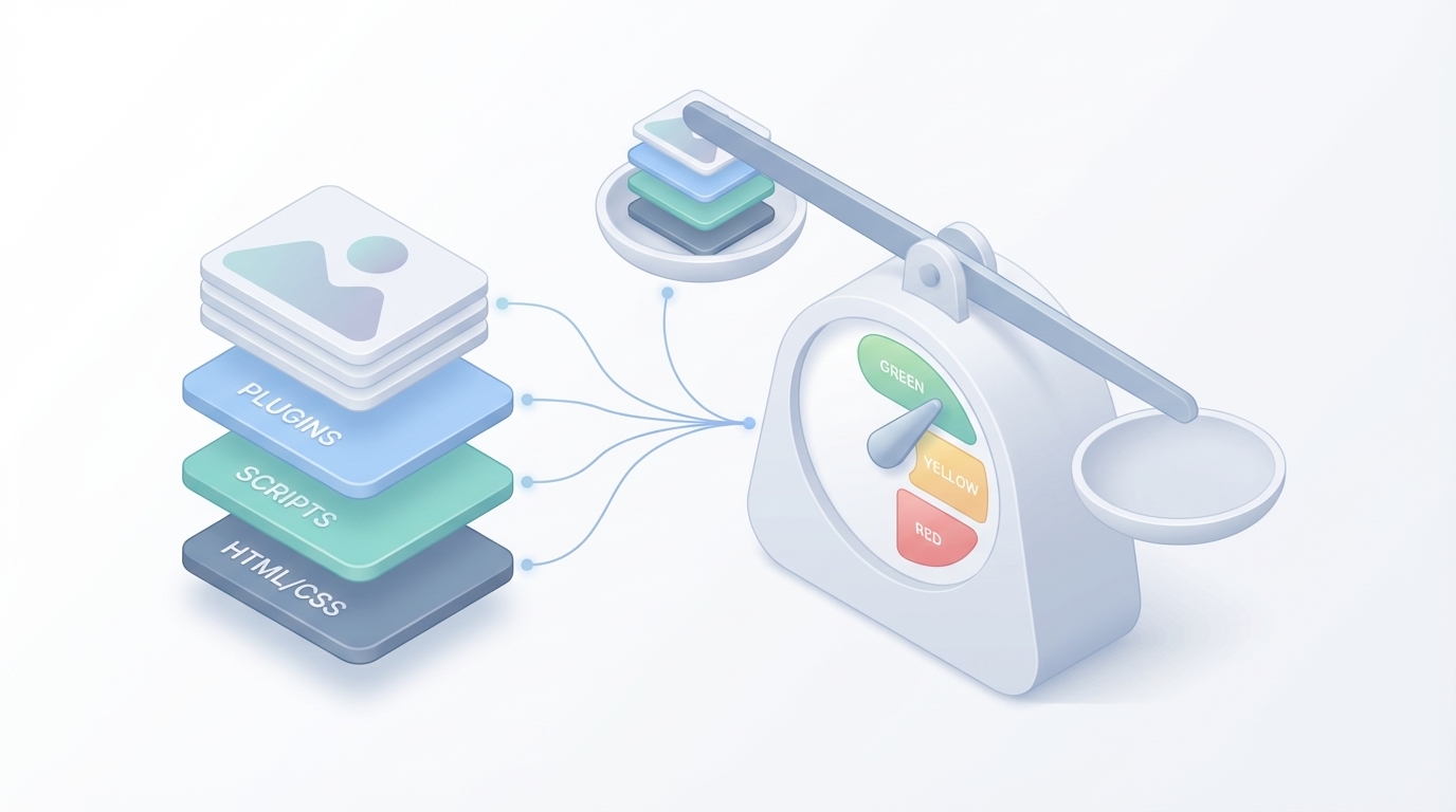 Core Web Vitals performance dashboard with LCP, FID, CLS gauges and trend charts