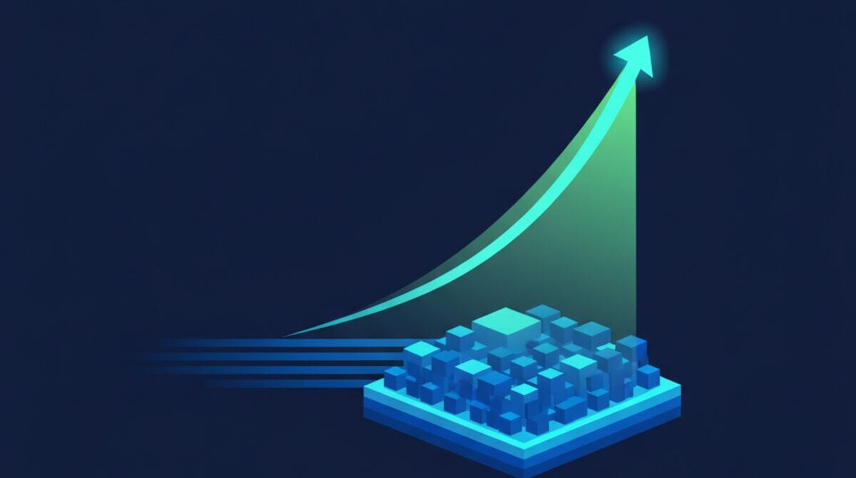 Digital illustration of an accurate revenue forecast line rising from layered data sources with probability cone