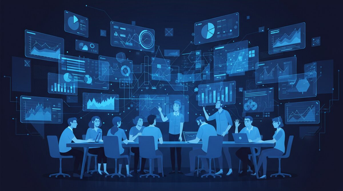 Team collaborating around data analysis and business strategy discussion