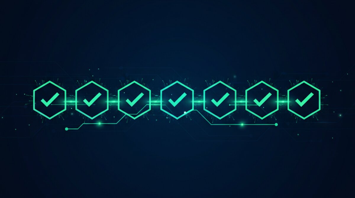 Digital illustration of a 10-point security checklist with scanning beams verifying compliance at each node
