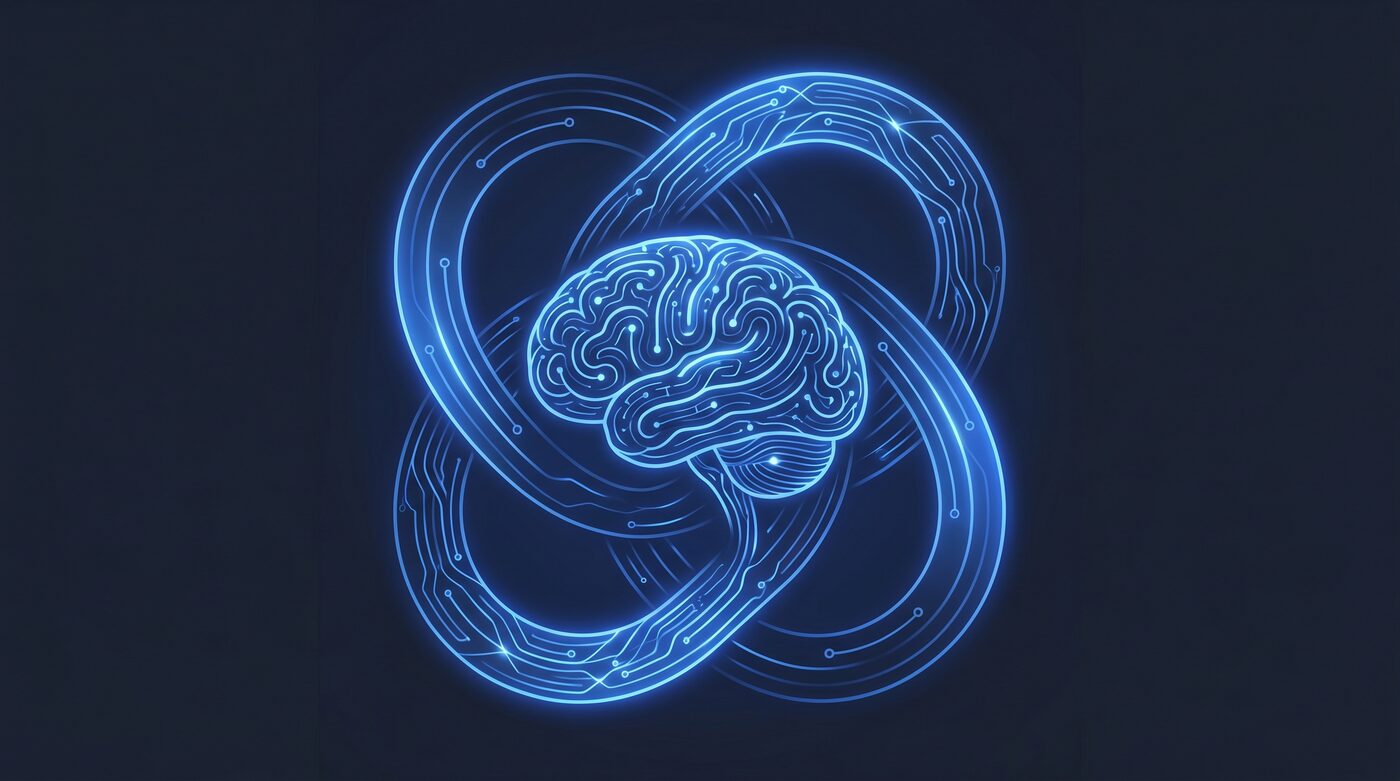 Interlocking glowing loops feeding back into themselves, representing AI systems that improve AI