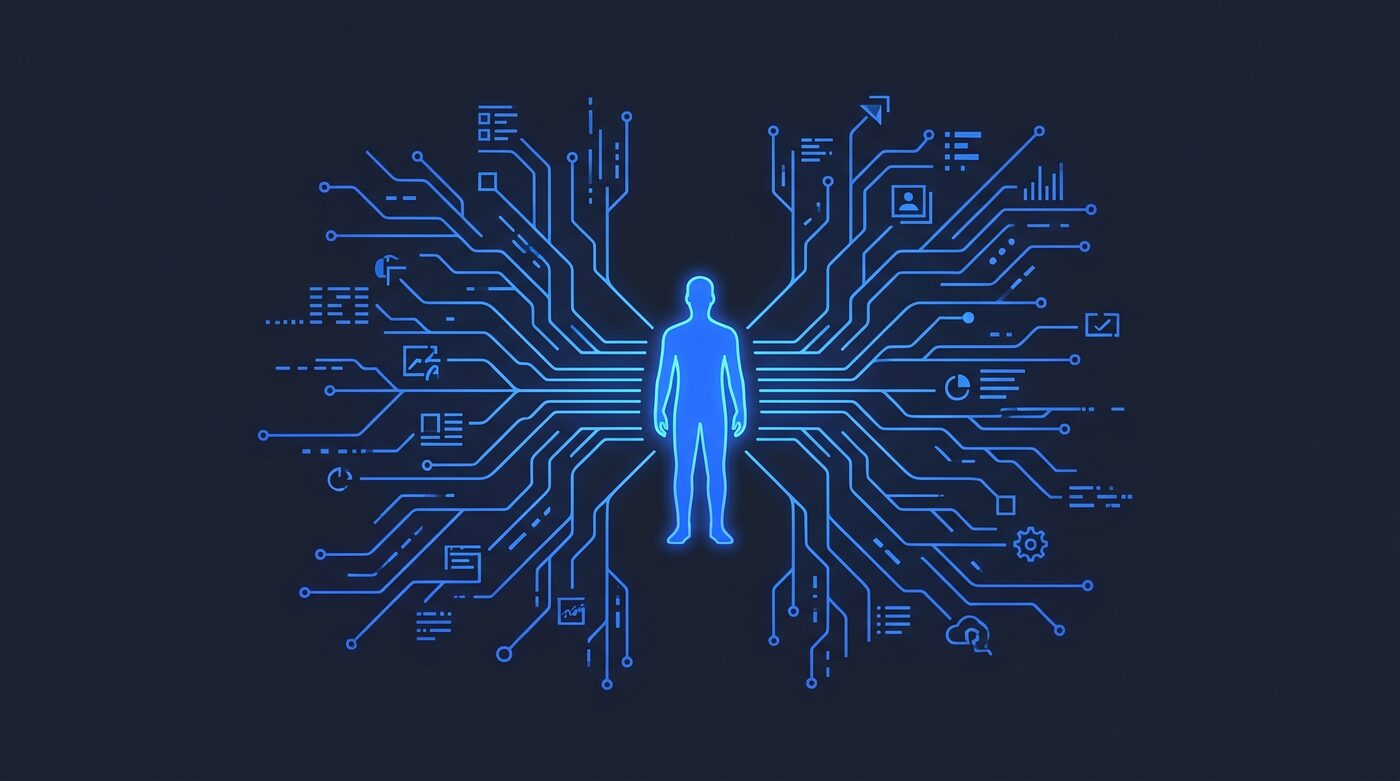 One glowing figure amplified into many automated streams of work, representing a small team scaled by AI agents