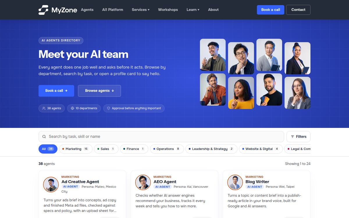 The MyZone AI agent directory page with agent cards grouped by department