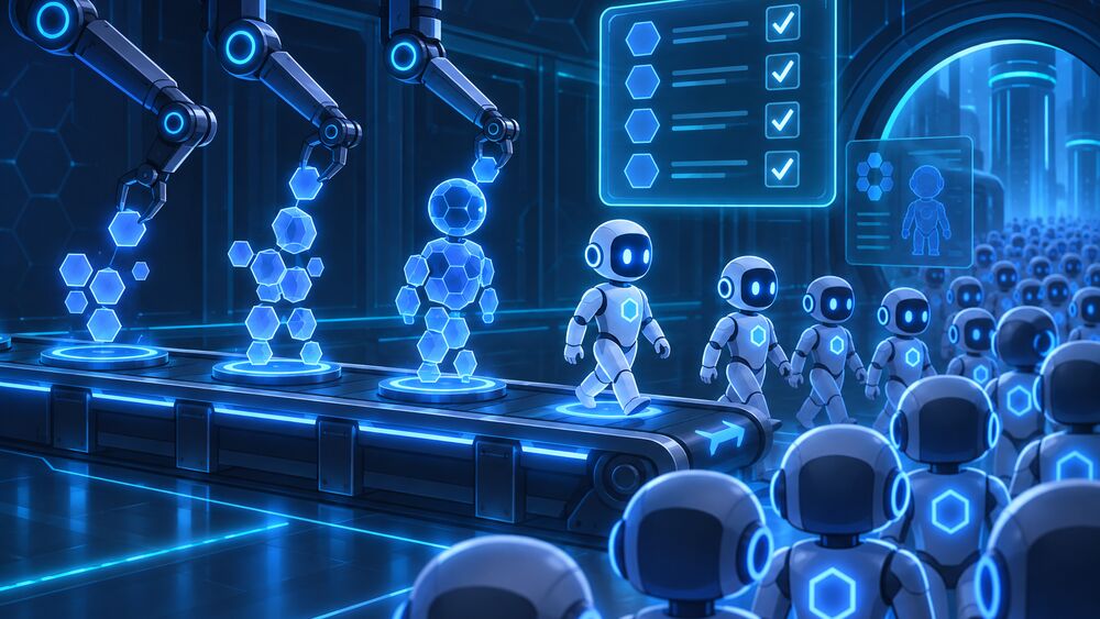 Illustration of an assembly line of AI agents being built and checked