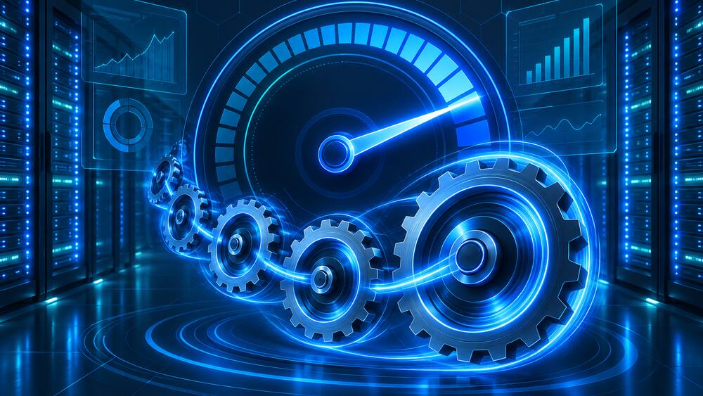 Illustration of glowing gears turning faster beside a speed gauge in a server room