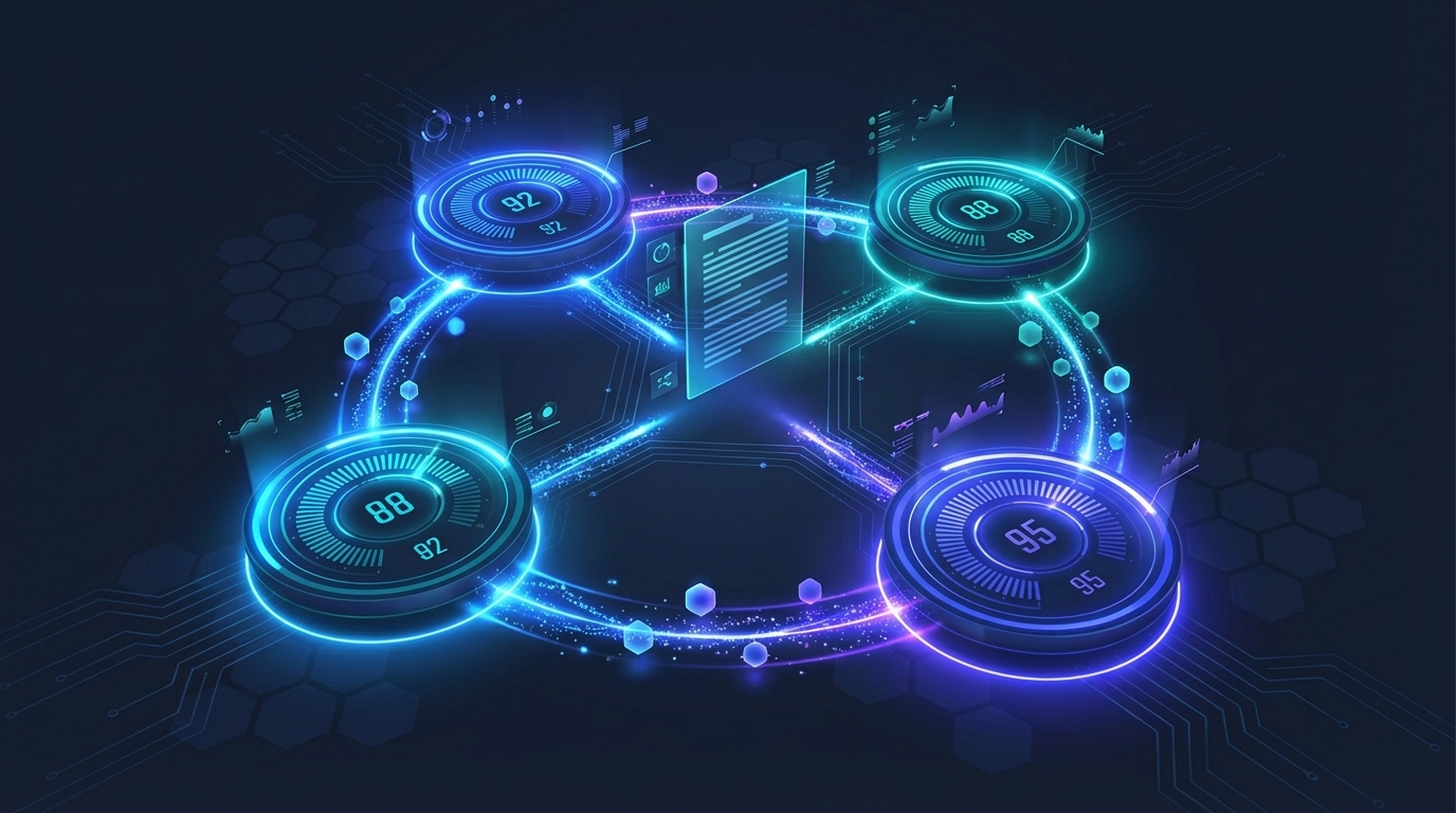 Three-dimension QA scoring dashboard with voice alignment, writing quality, and SEO metrics