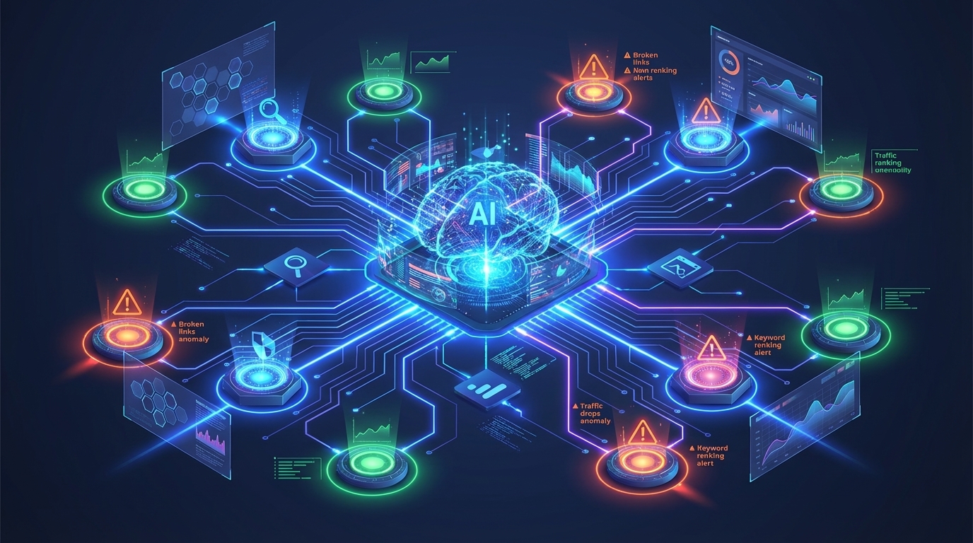 AI monitoring network with sensor nodes detecting SEO anomalies and sending automated alerts