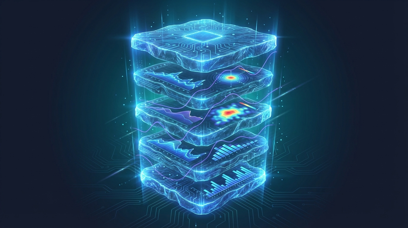 Layered historical SEO data strata glowing with accumulated performance intelligence on dark background