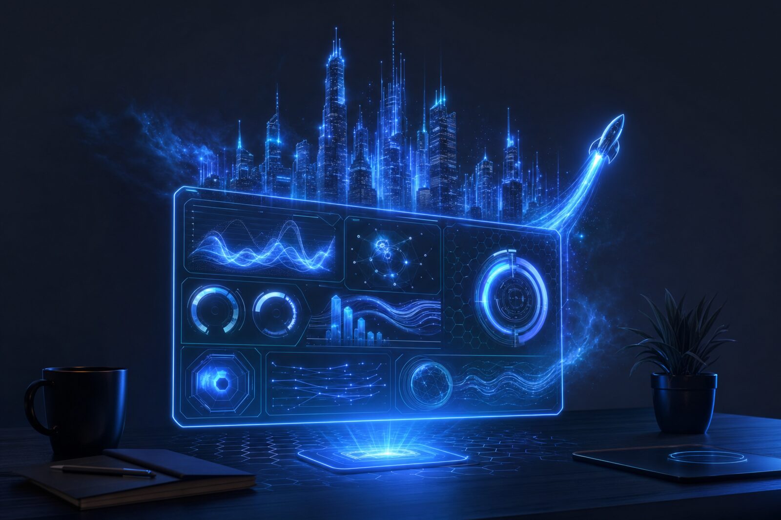 A glowing AI fleet dashboard with a rocket ship rising into a skyline, the first sign of software abundance