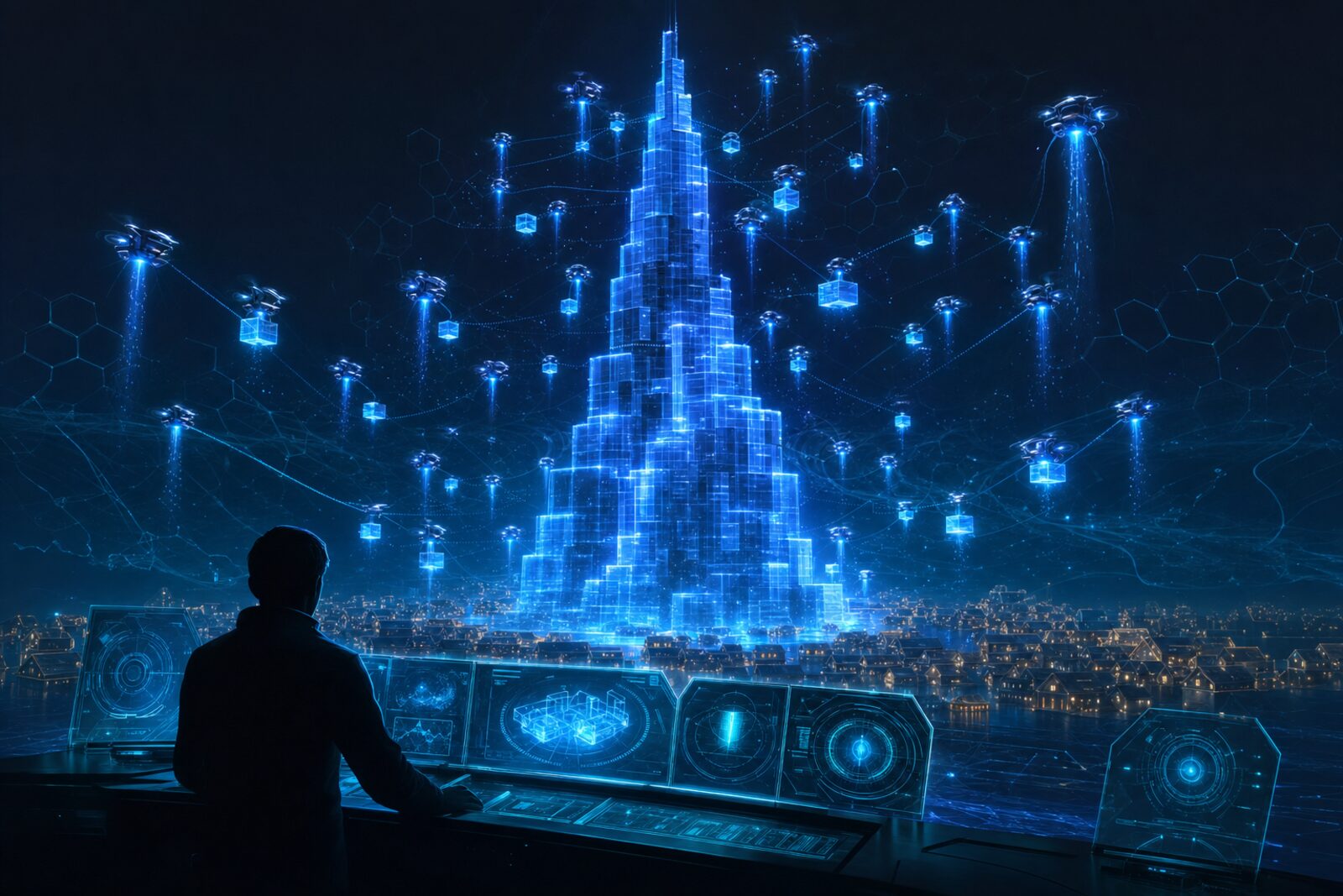 One person directing a swarm of AI agents that build a glowing skyscraper, a picture of software abundance