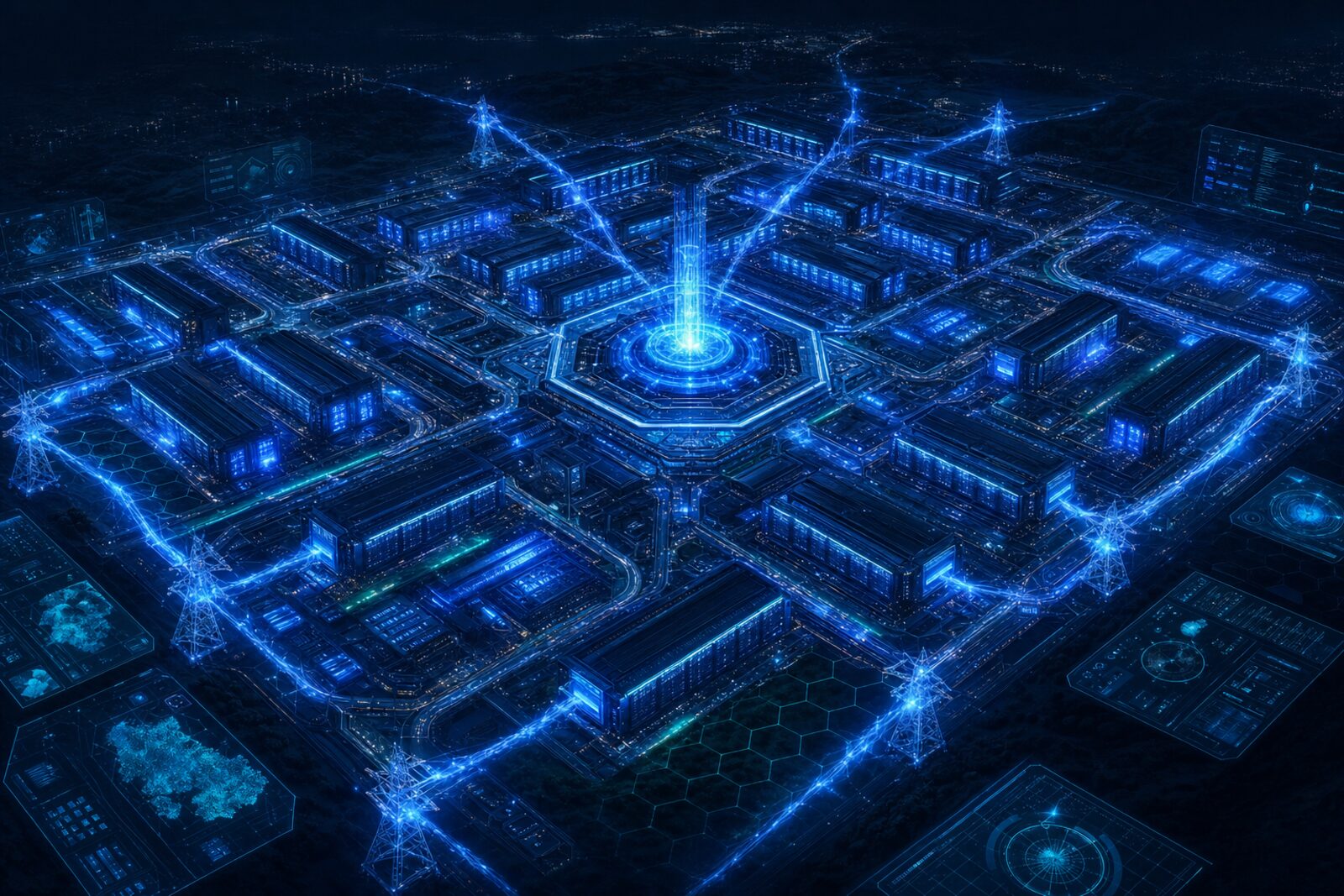 A massive AI data center campus glowing like a city grid, the engine behind software abundance