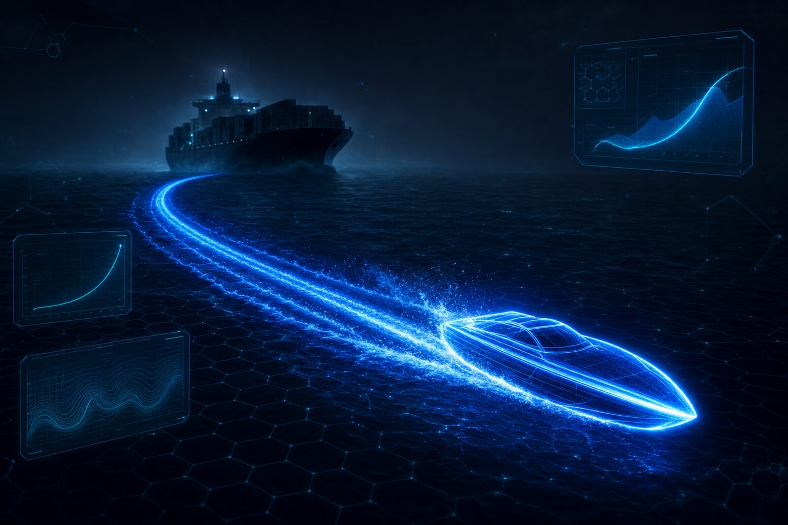 A small fast boat racing ahead of a huge slow ship, showing how small teams win in software abundance