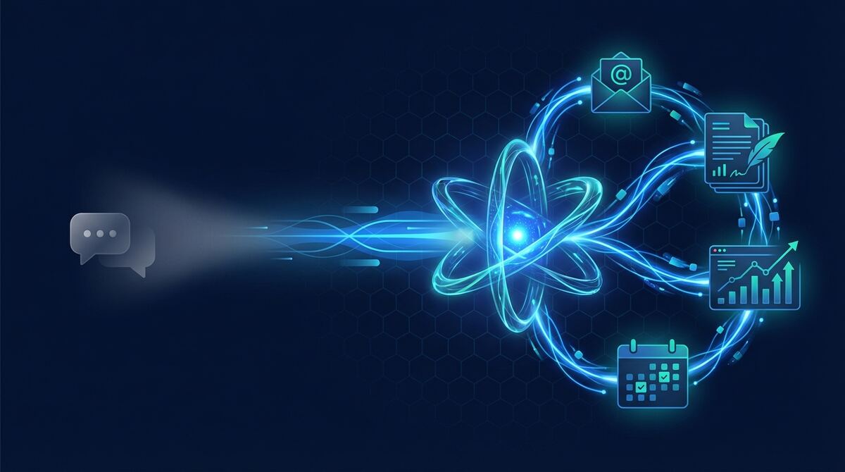 Digital illustration showing the evolution from simple chatbots to powerful autonomous AI agents managing multiple tasks simultaneously