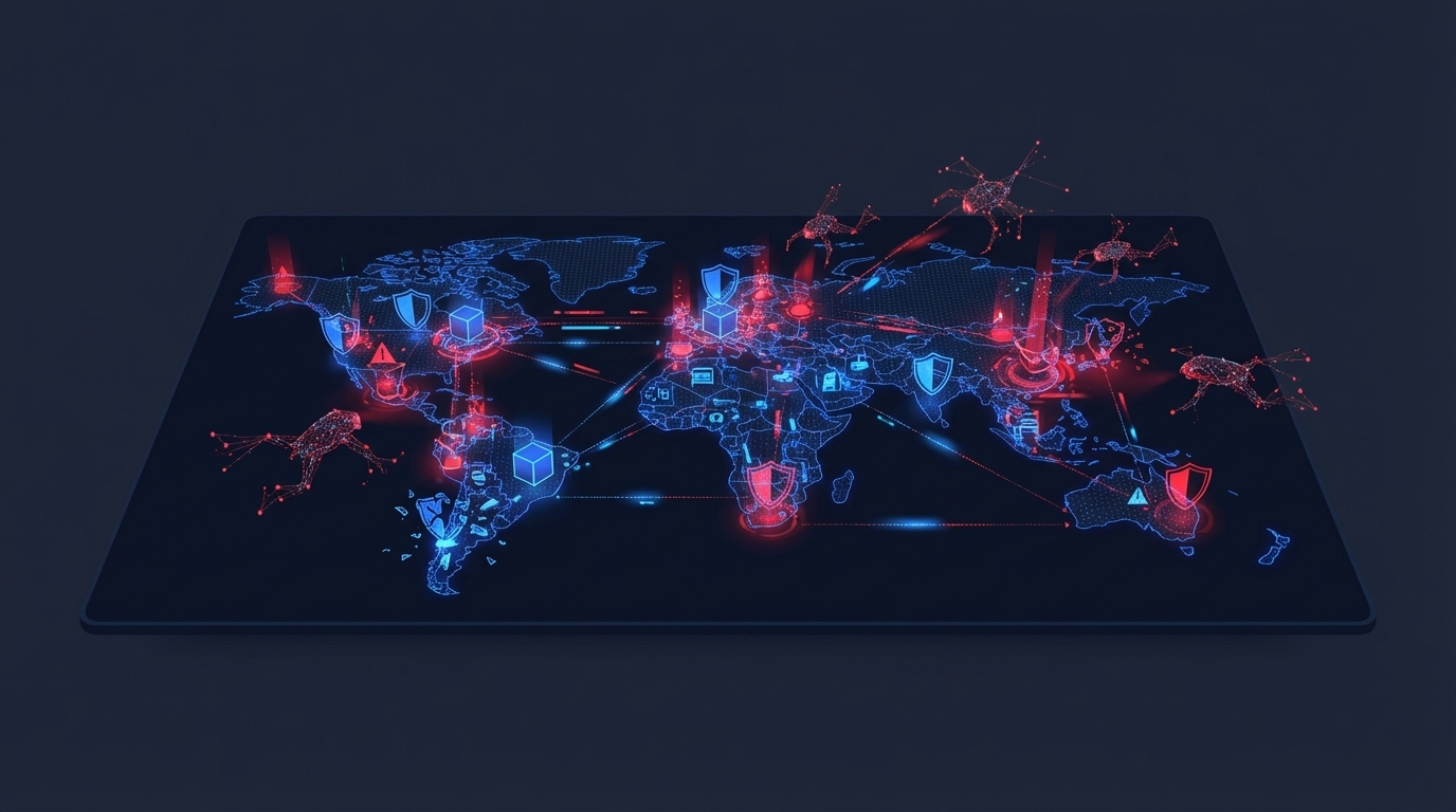 Cybersecurity threat visualization showing AI-powered attack vectors targeting small businesses