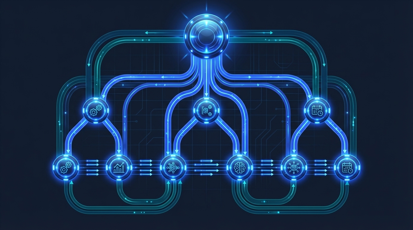 AI agent delegation hierarchy with master orchestrator branching to specialized agent nodes