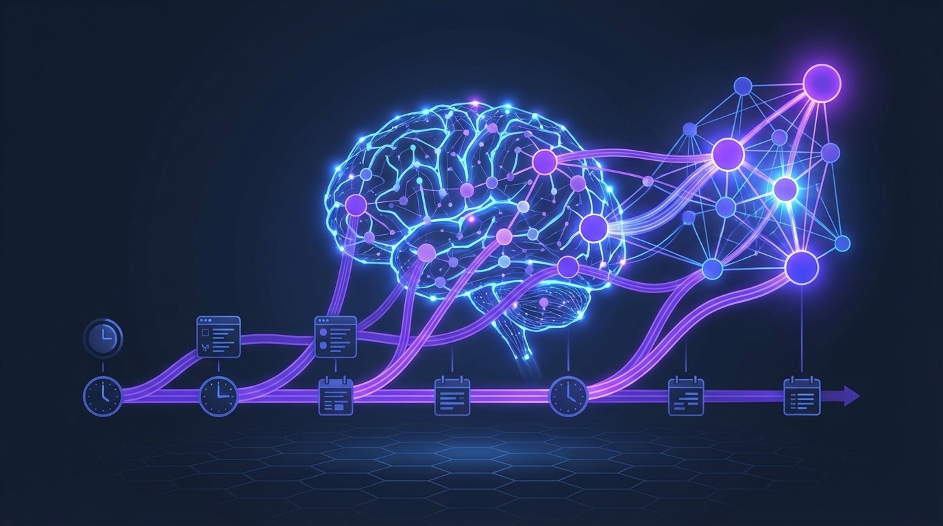 Neural network structure showing persistent AI memory accumulating knowledge across sessions