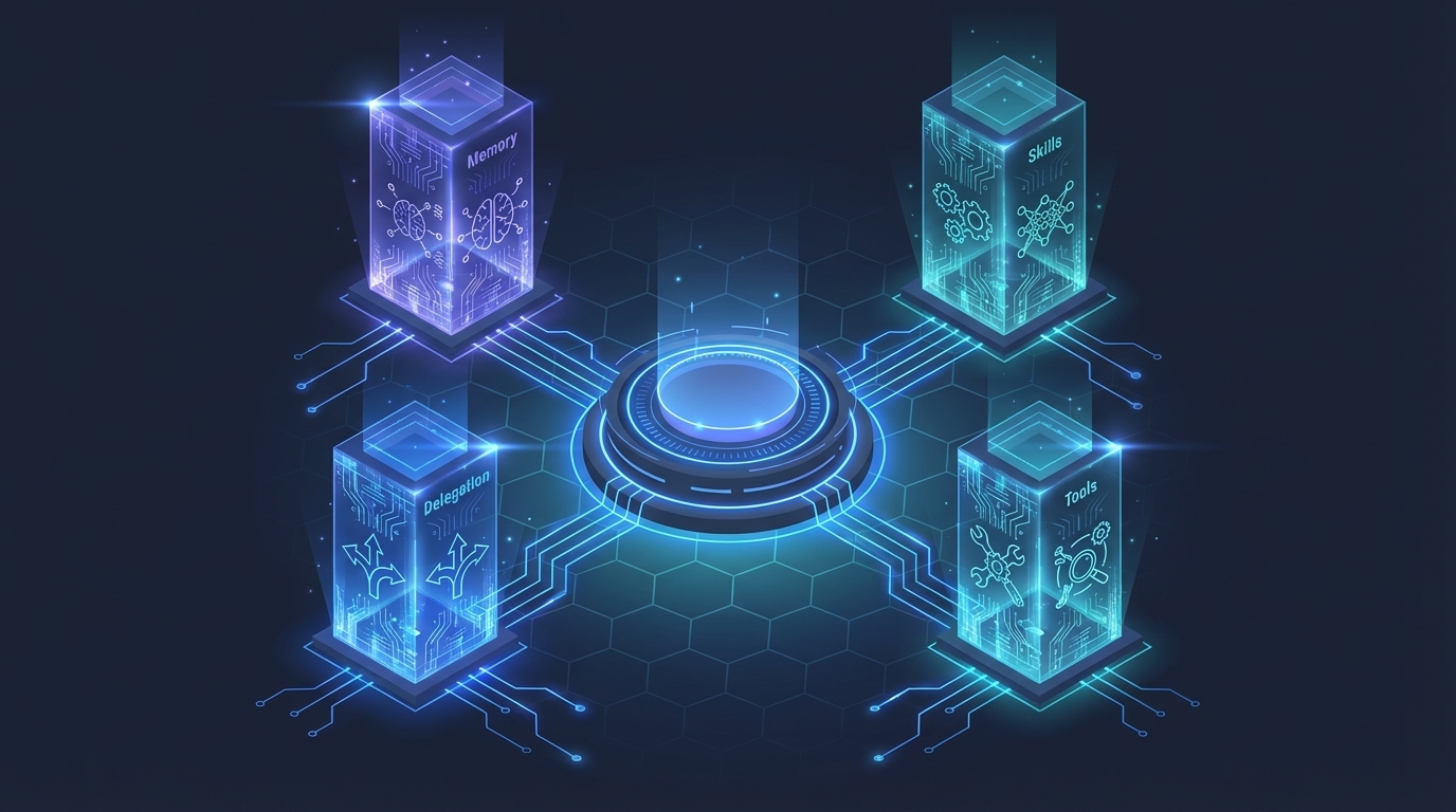 AI platform architecture with four connected pillars for memory, skills, delegation, and tools
