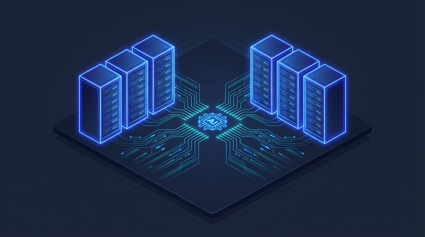Isometric server infrastructure with glowing circuit pathways showing computational scaling