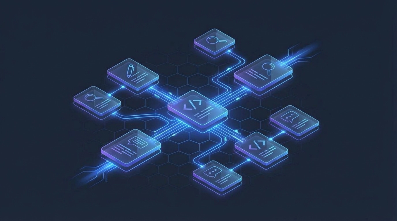 Modular AI skills library with holographic cards representing different capabilities