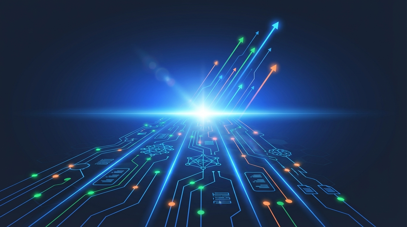 Digital horizon with interconnected automation systems converging toward exponential future growth