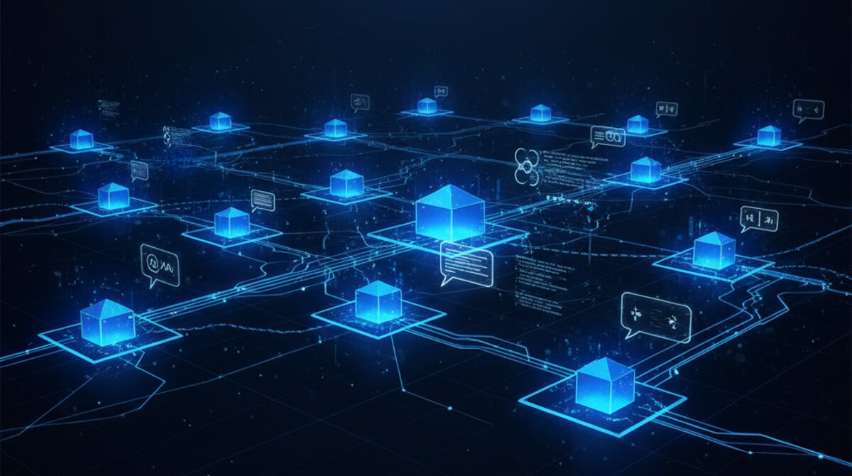 Digital illustration of AI agents as glowing nodes collaborating asynchronously in a dark digital workspace