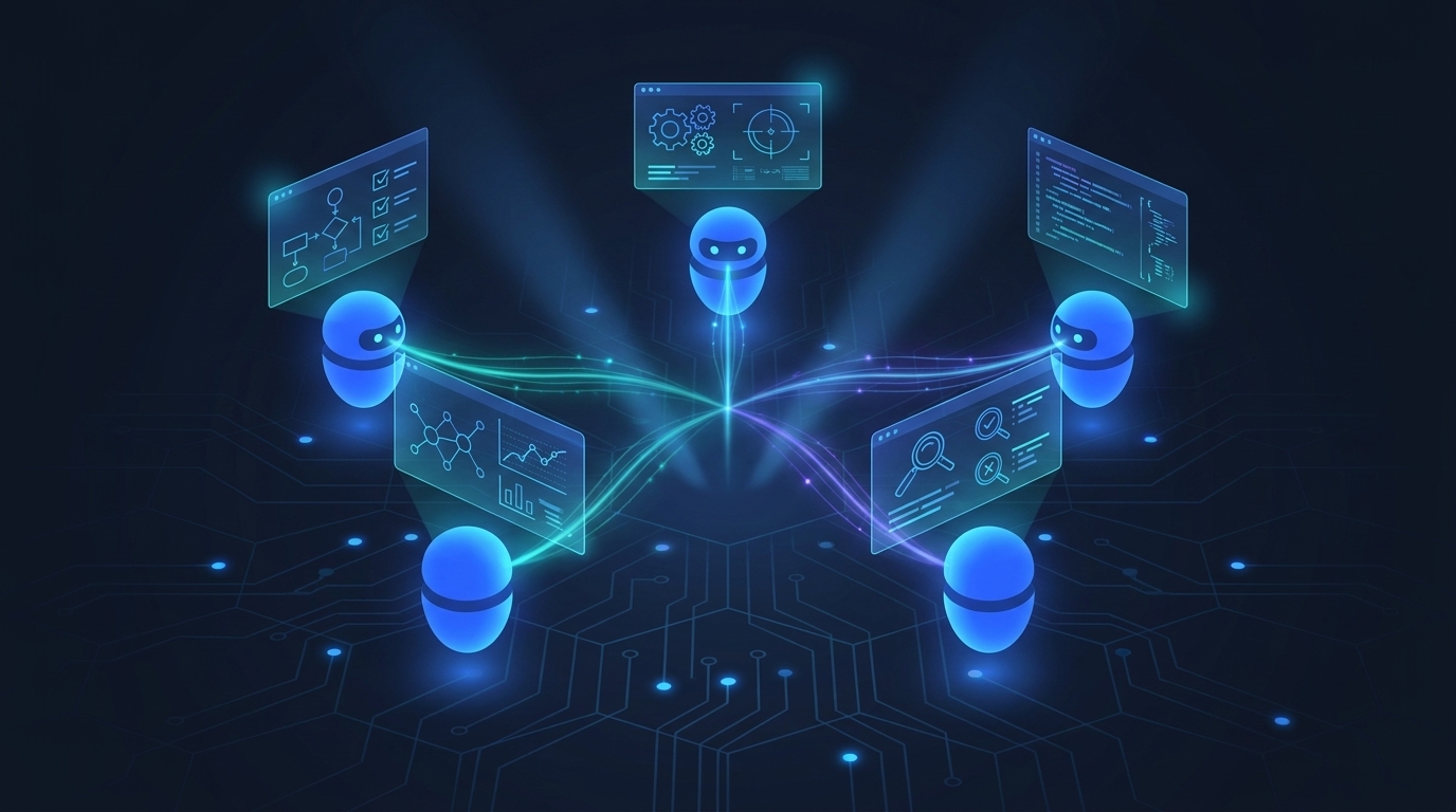 A team of glowing AI agents arranged in a circle, each running a different stage of the pipeline.