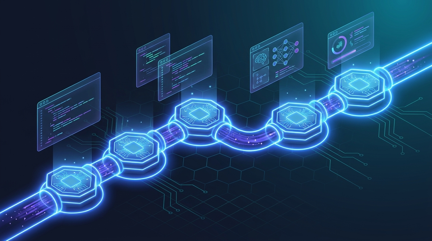 A glowing pipeline of connected nodes representing the stages of agentic software development.