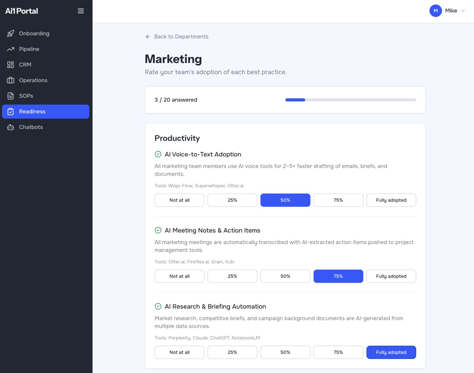 A finished application screen built on Ai1: a departmental AI adoption assessment with scored questions