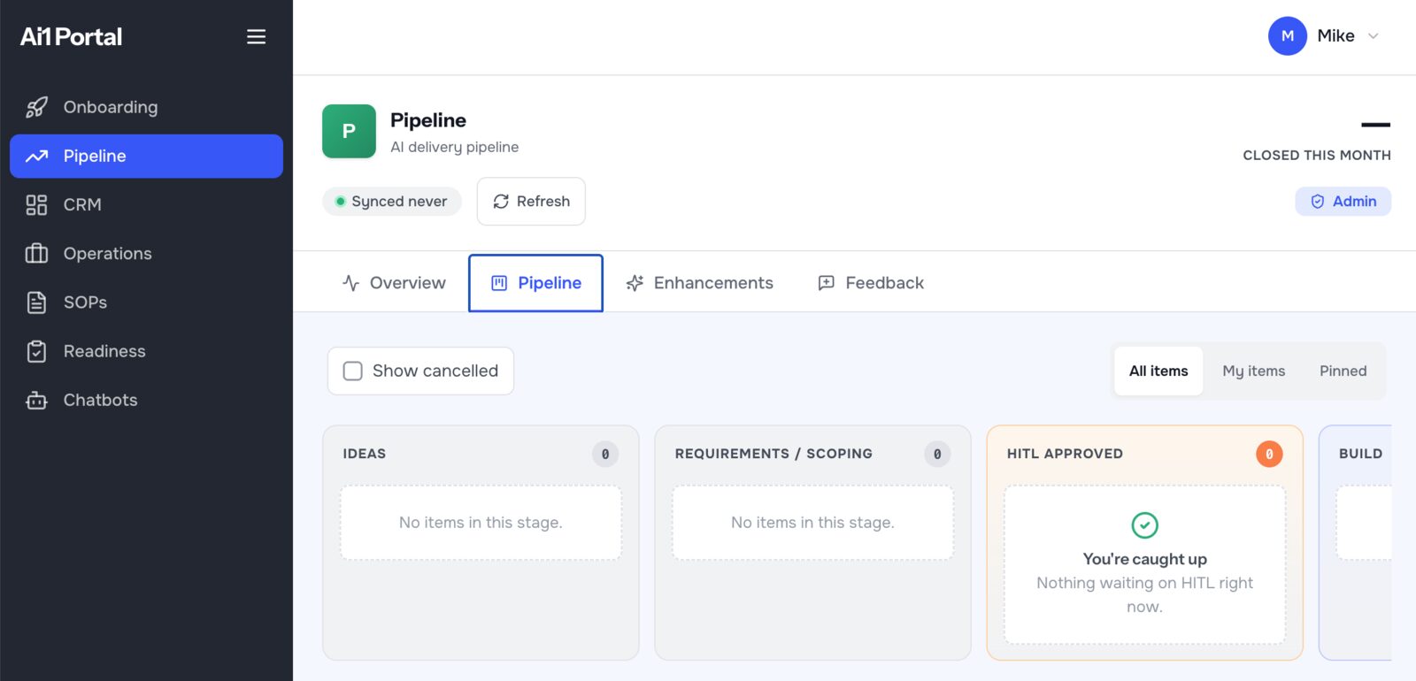 The Ai1 portal delivery pipeline board with stages from idea to scoping to a human-approval gate and build
