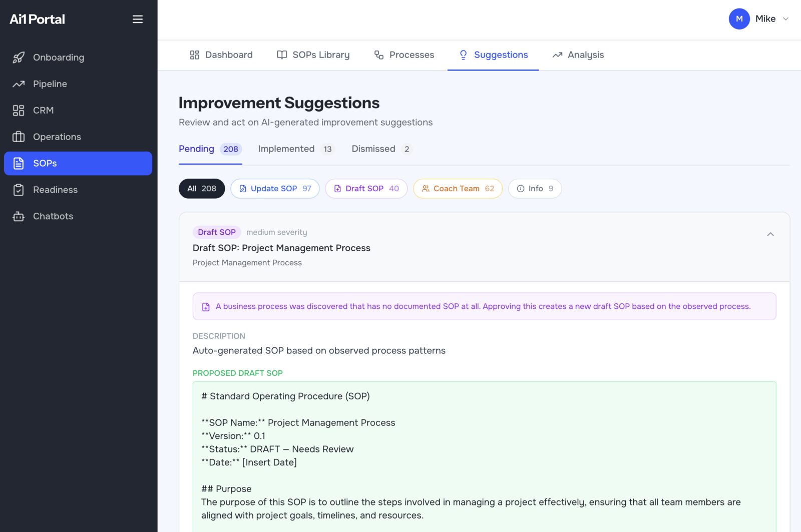 The portal showing AI-generated improvement suggestions, including an auto-drafted standard operating procedure awaiting approval