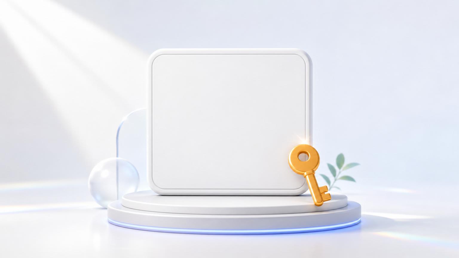 An elegant owned software panel held in a beam of light with a small amber key motif.