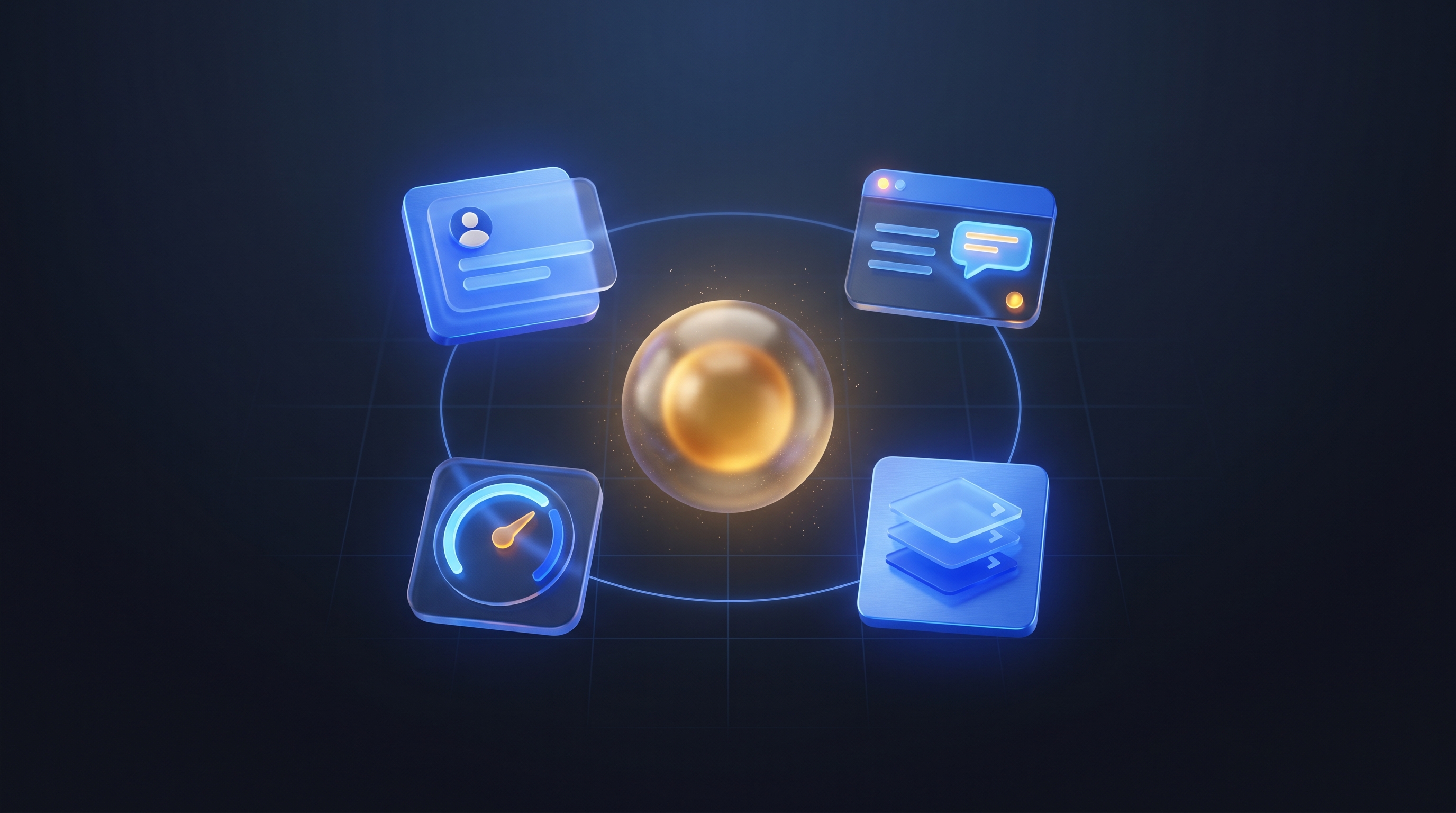 A constellation of application panels orbiting a central core: CRM, chat, assessment, and document flow