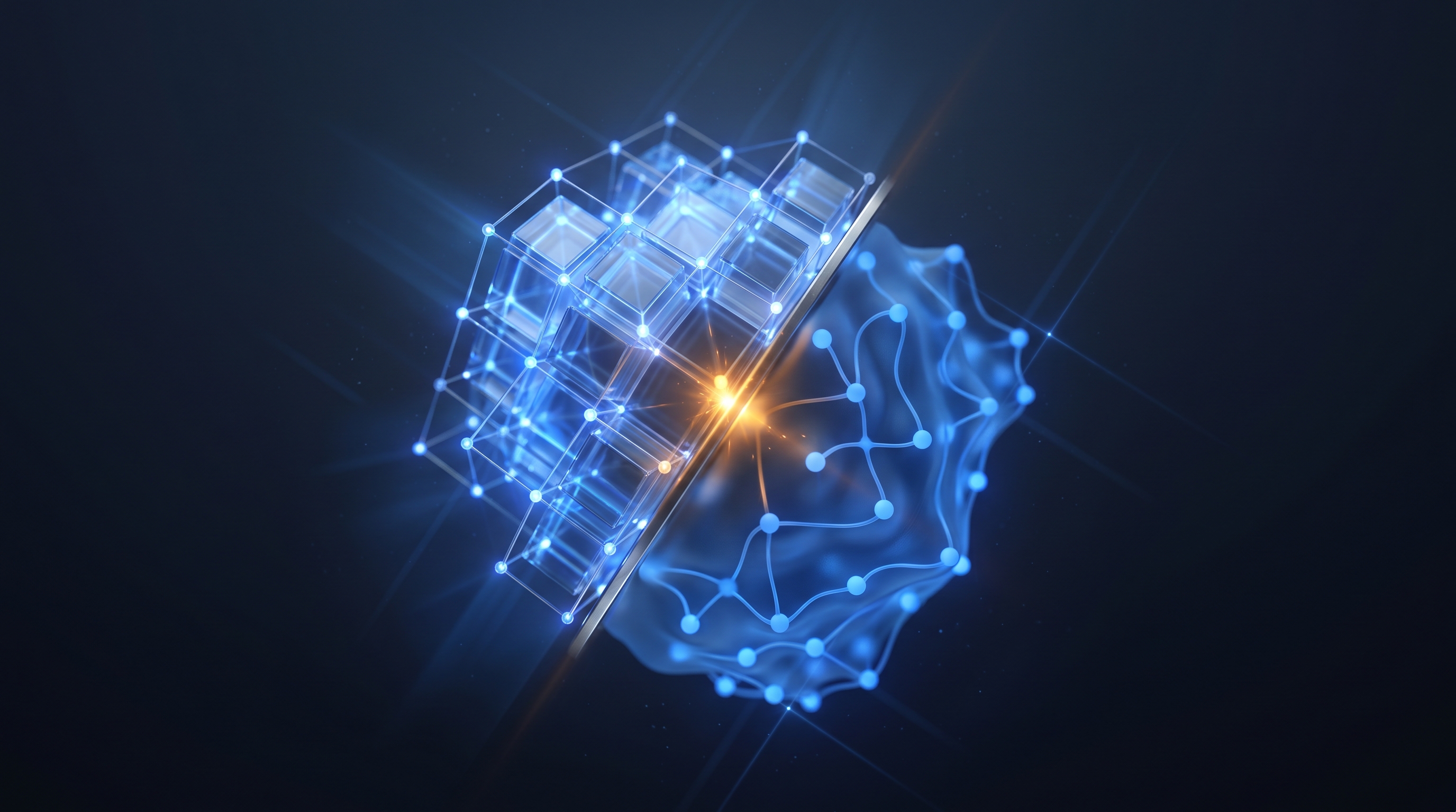 A digital brain split into a crystalline plane of exact facts and a flowing plane of meaning