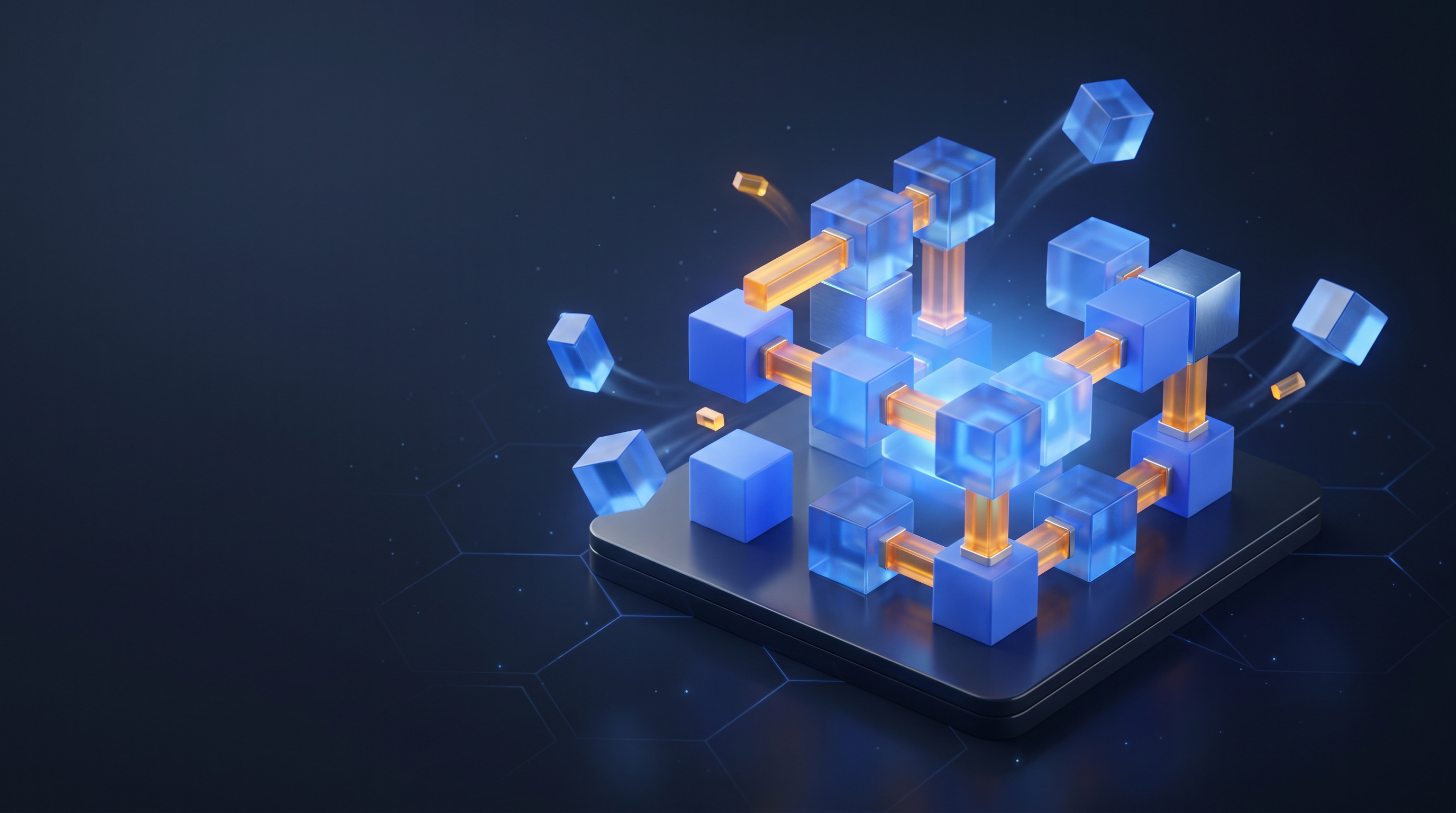 A builder's holographic workspace with modular skill blocks snapping together