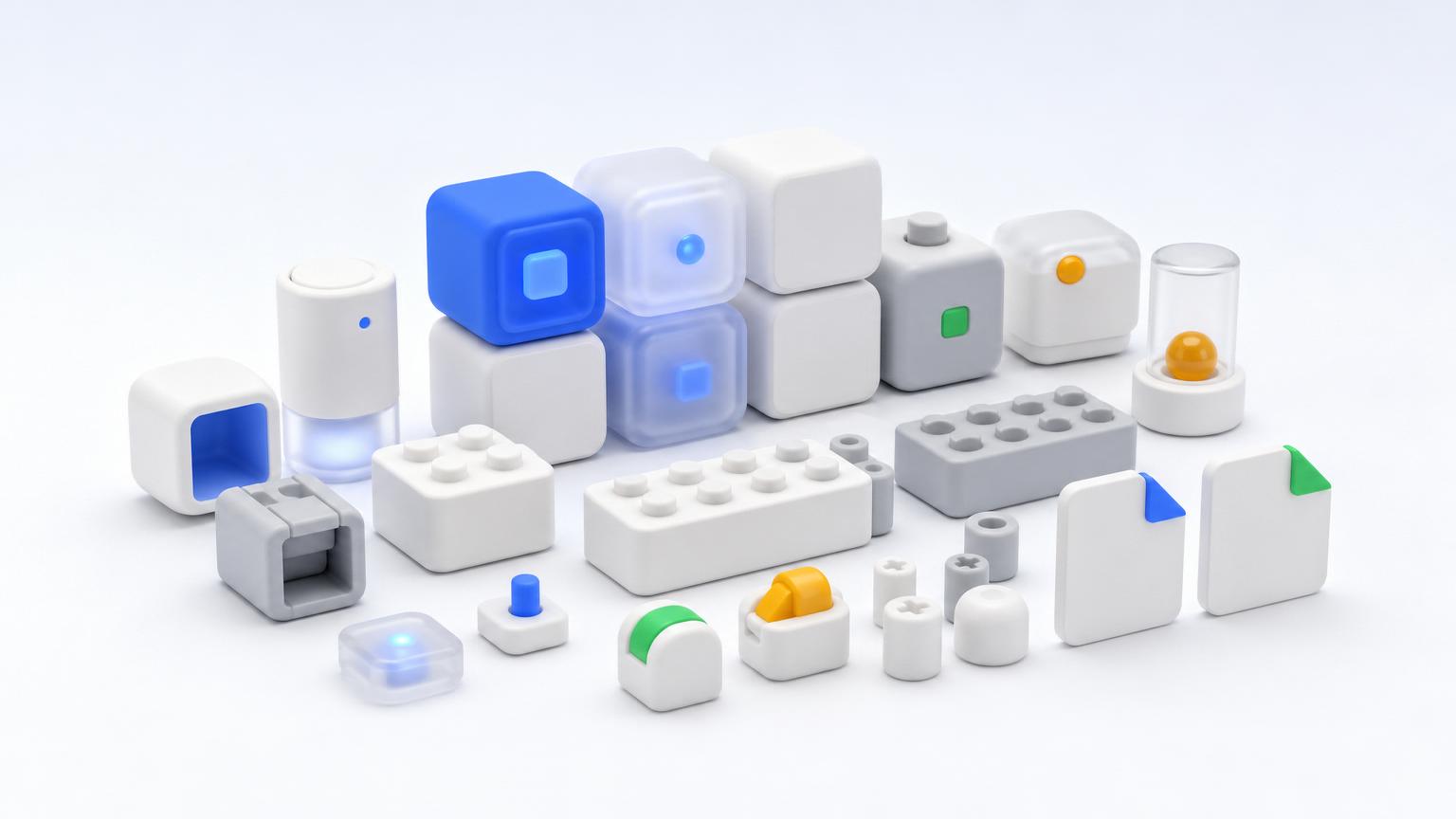 Modular glowing components and building blocks on a precise workbench surface.