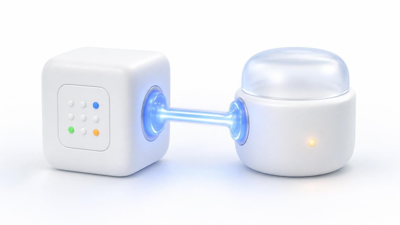 Two distinct systems joined in the center by a single clean connector of light.