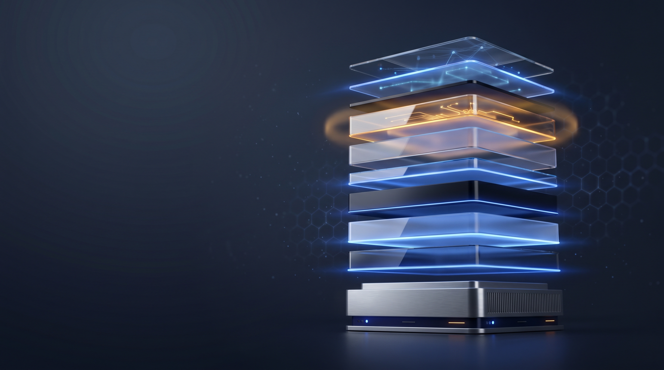 Glowing nine-tier Ai1 platform stack rising from a secure server base to finished applications