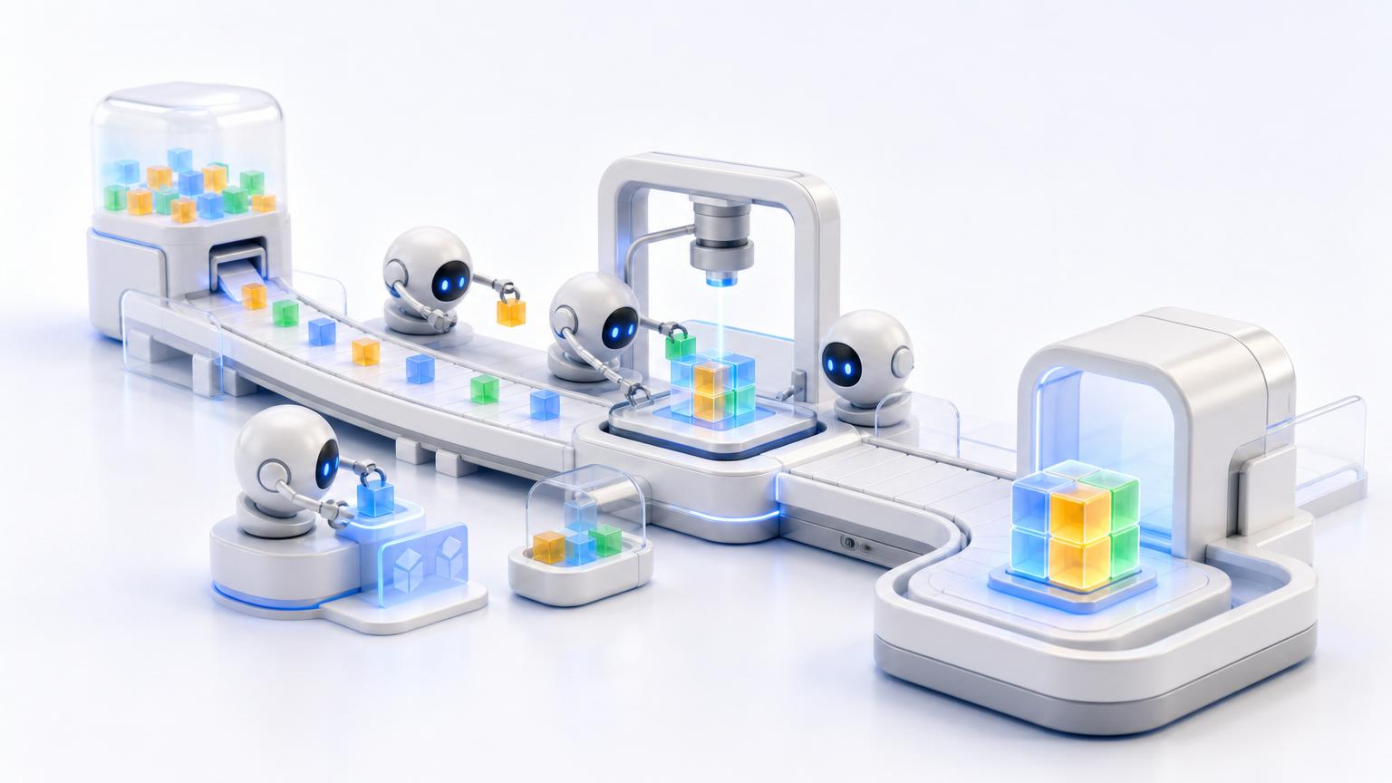 Autonomous agent orbs assembling modular blocks of light along a conveyor.