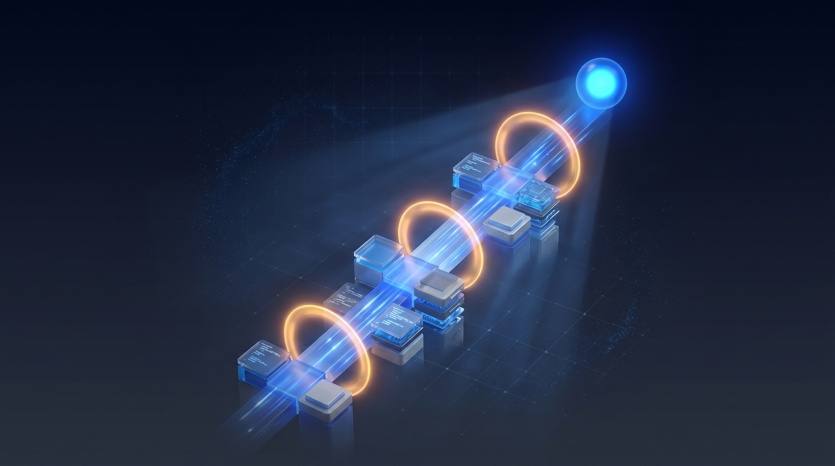 An ascending path of code and skill blocks rising toward a goal, with amber checkpoint rings for human review gates