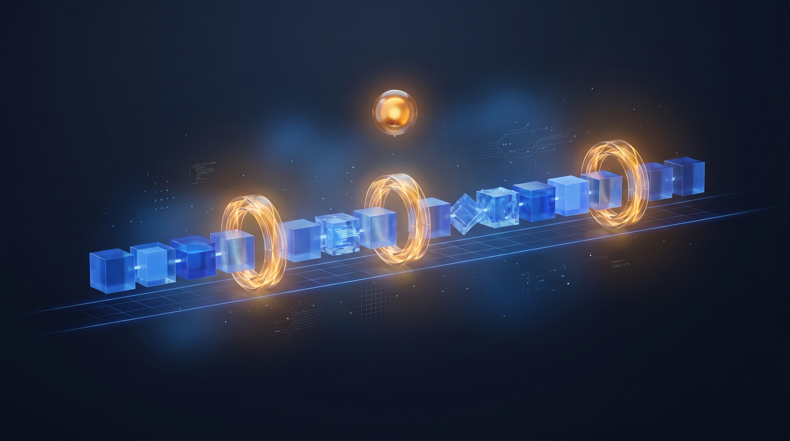 A build pipeline passing through amber human review gates for security, code, and strategy